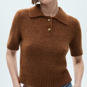 MNG Mango brown knit short sleeve polo sweater